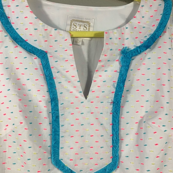 Sail to Sable White Neon Dot Fringe Boho Smock Dress M - Picture 6 of 7